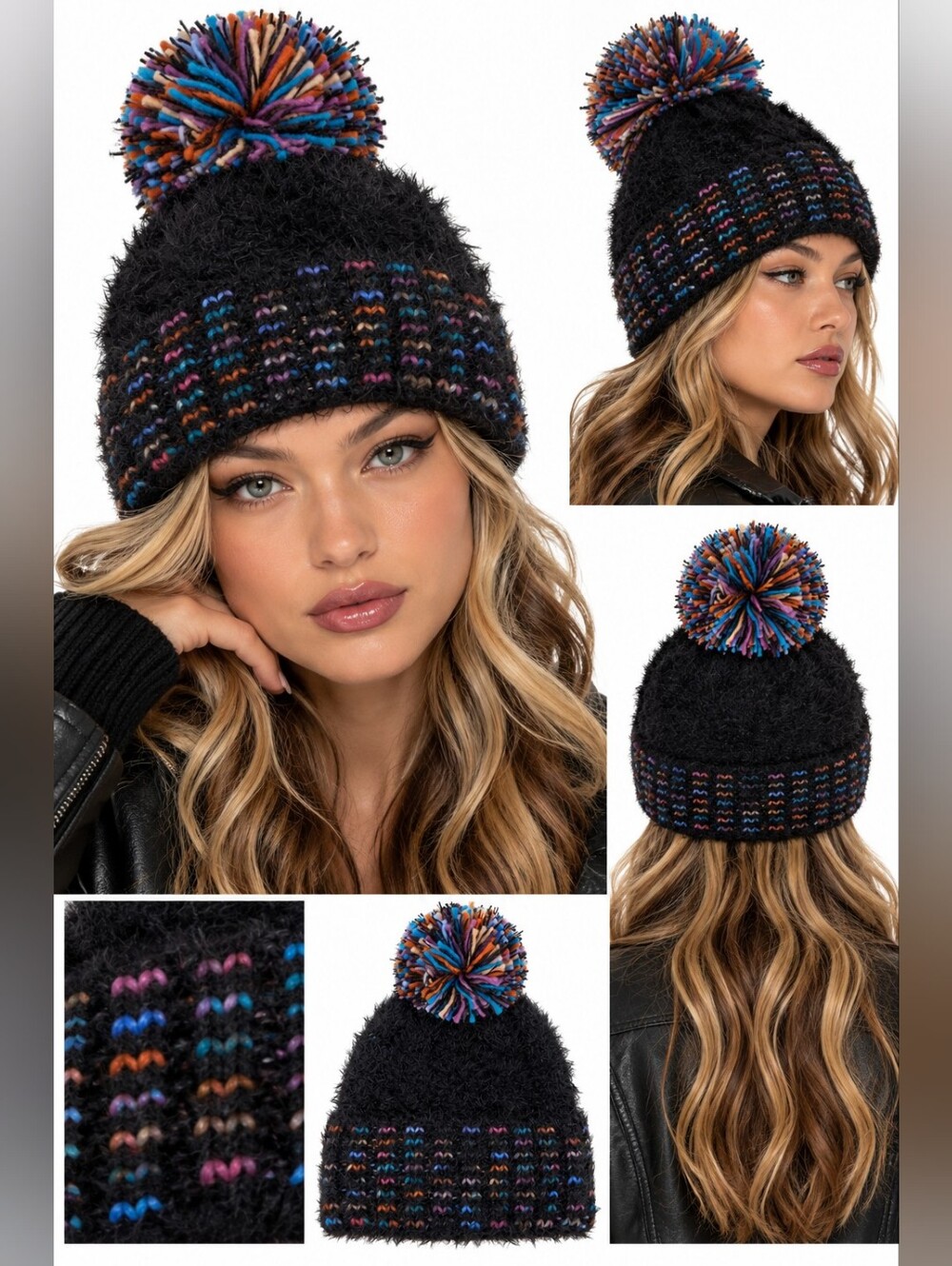 NWT Echo NY Black Fuzzy Multicolor Pom-Pom Knit Beanie Hat Black Chunky Knit